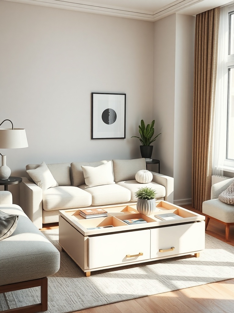 A stylish transformable coffee table with storage in a cozy living room.