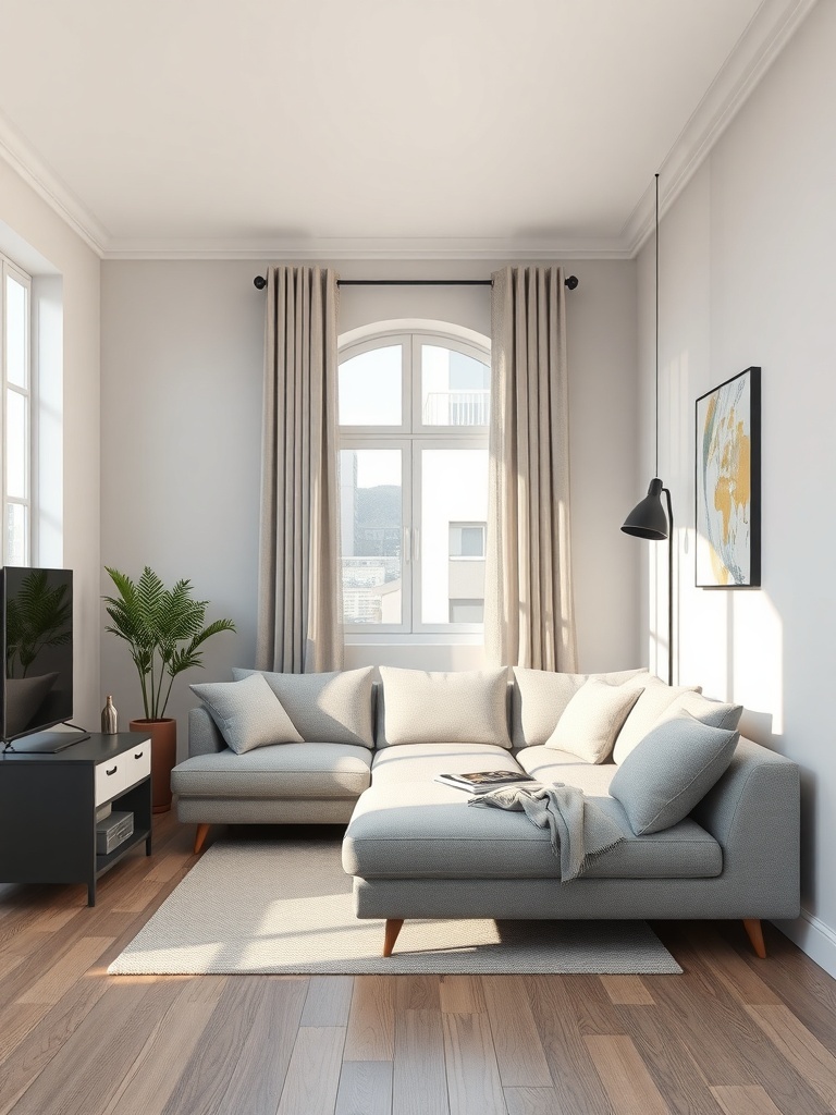 A cozy living room featuring a transformable sofa design.