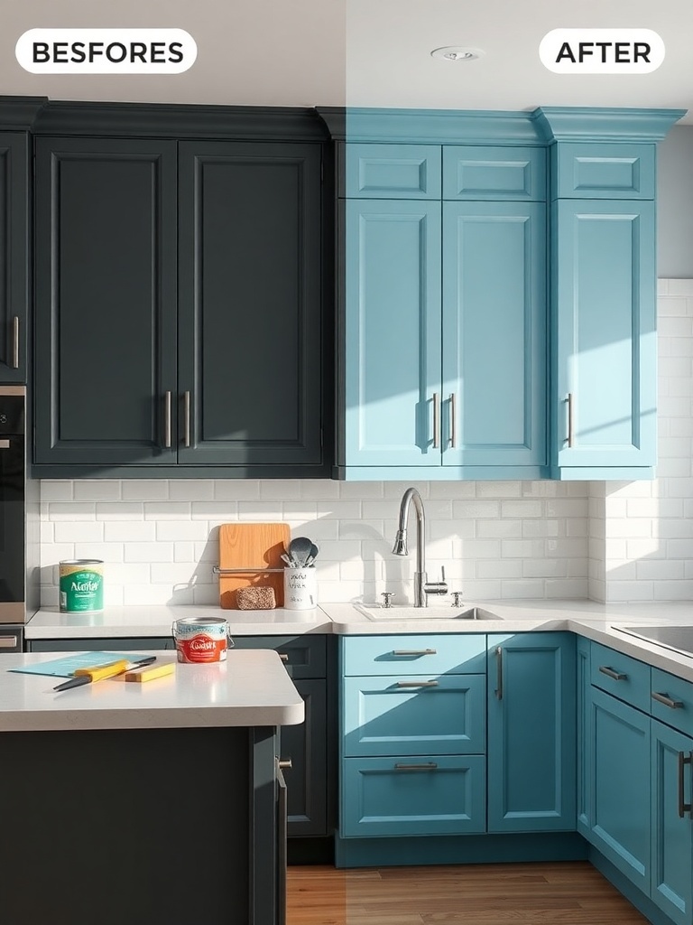 Before and after image of kitchen cabinets transformed from dark to bright blue.
