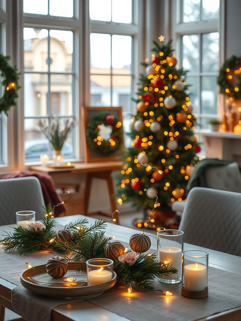 A beautifully decorated holiday table with fairy lights, candles, and festive decor.