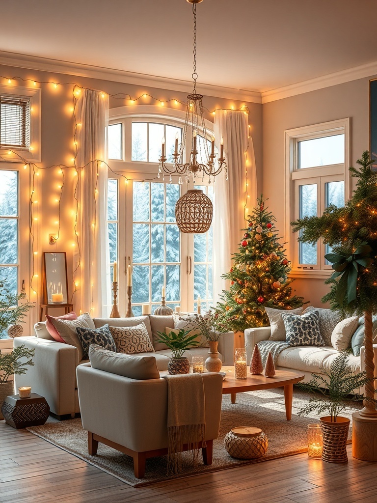 A cozy living room decorated with twinkling fairy lights and a Christmas tree.