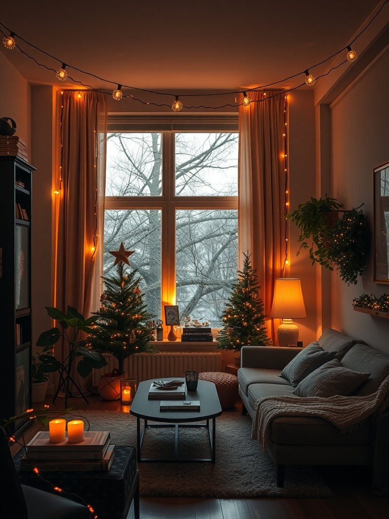 A cozy winter apartment decorated with twinkling string lights, showcasing a warm and inviting atmosphere.