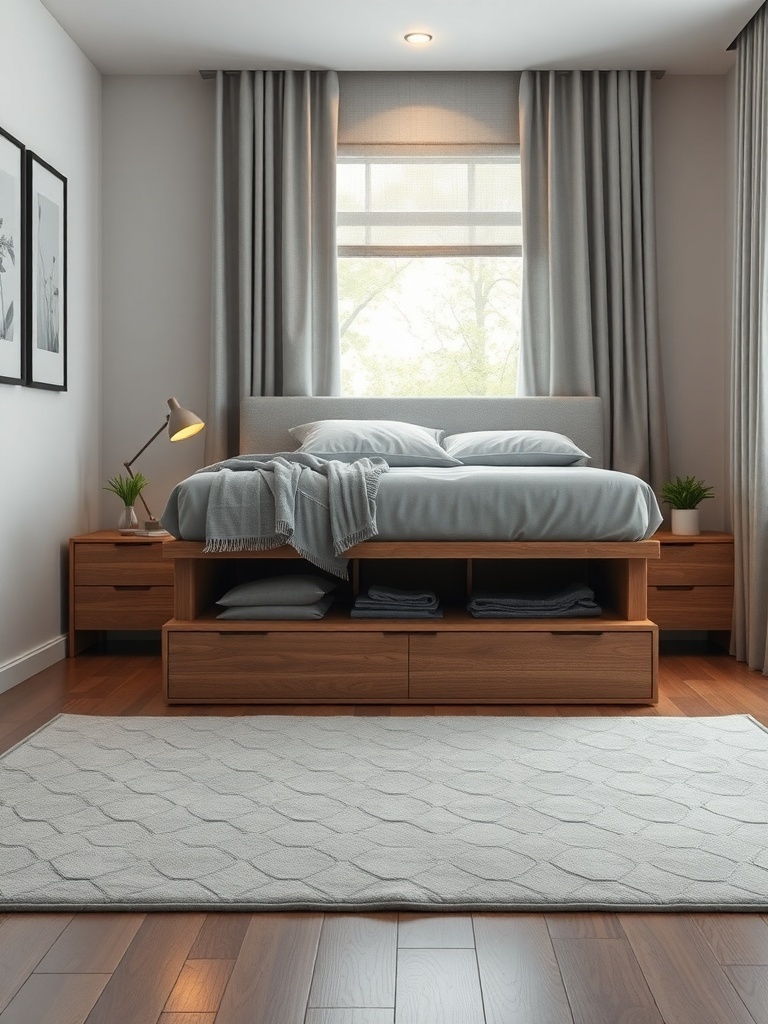 A modern bedroom featuring a bed with under-bed storage drawers and open shelving, complemented by a cozy rug and soft lighting.