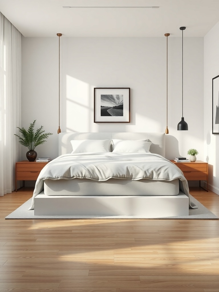 A minimalist bedroom featuring a bed with under-bed storage solutions.
