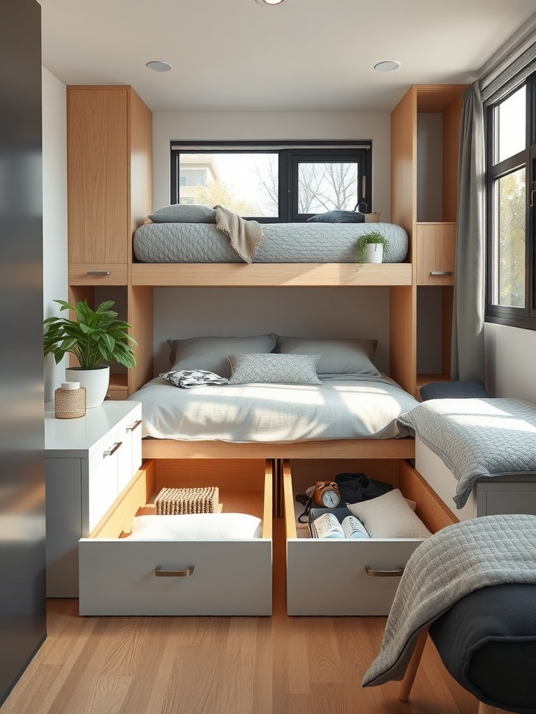 A cozy studio apartment with a lofted bed and under-bed storage drawers.