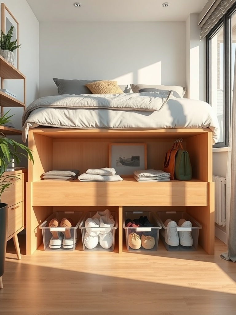 A cozy bedroom with a bed elevated above wooden storage, featuring bins for shoes and folded clothes underneath.