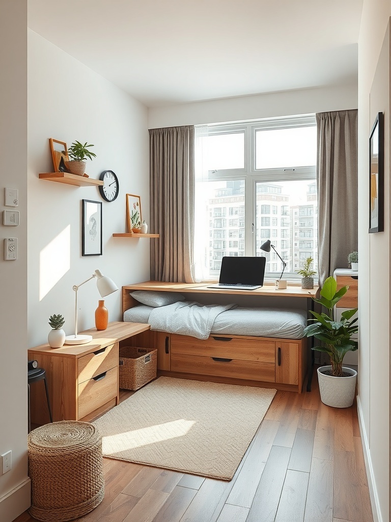 A cozy workspace setup in an apartment with under-bed storage solutions.
