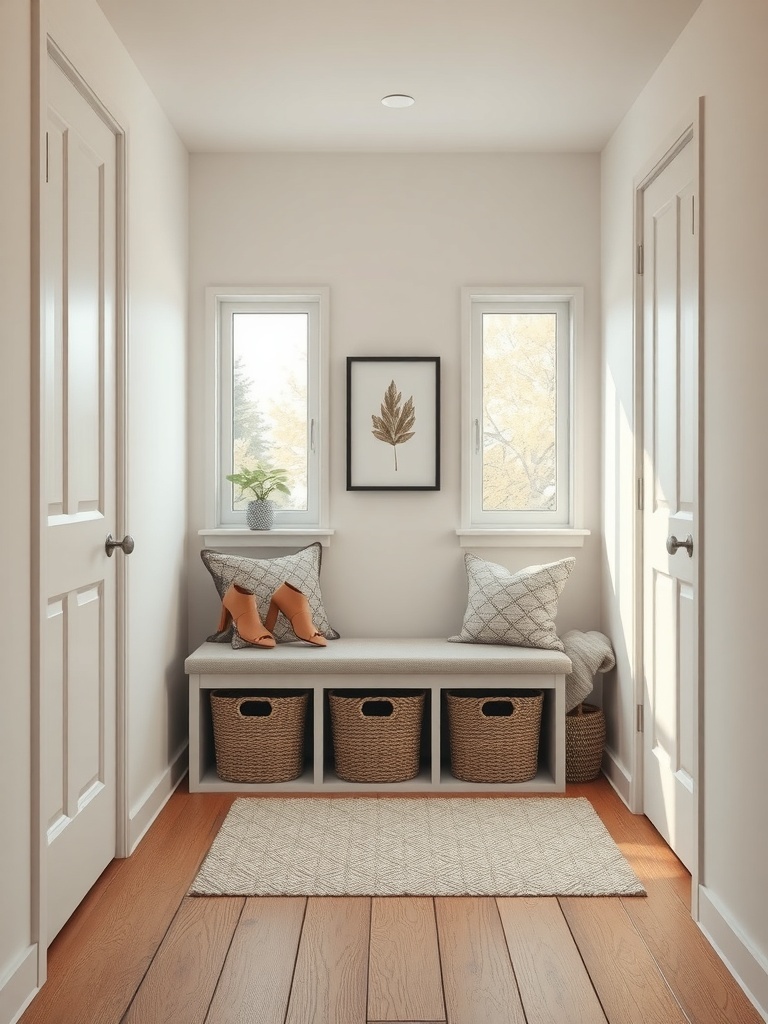 Entryway with a bench and storage baskets underneath.