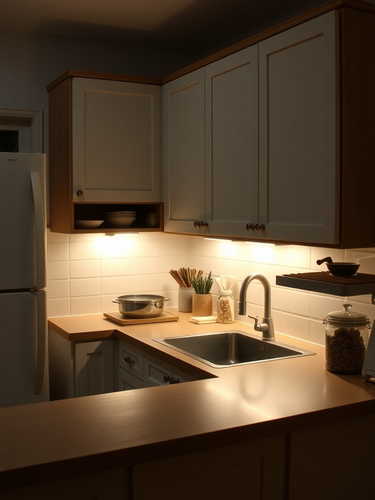 A kitchen with under-cabinet lighting illuminating the countertop.