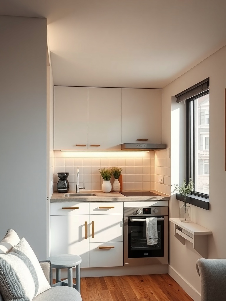 A modern kitchen with under-cabinet lighting illuminating the countertop.