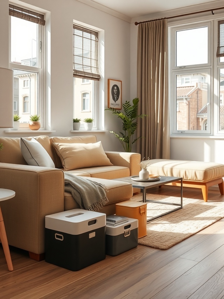 A cozy living room with storage boxes under the furniture.