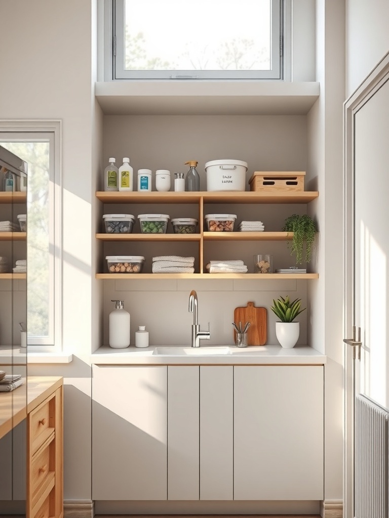 Organized under-sink area with shelves and bins for storage.