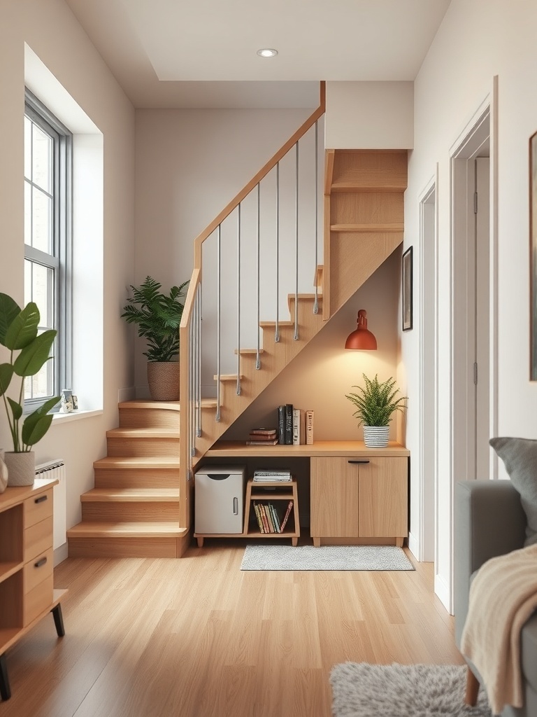 A cozy under-stair storage solution featuring wooden stairs, shelves, and plants.