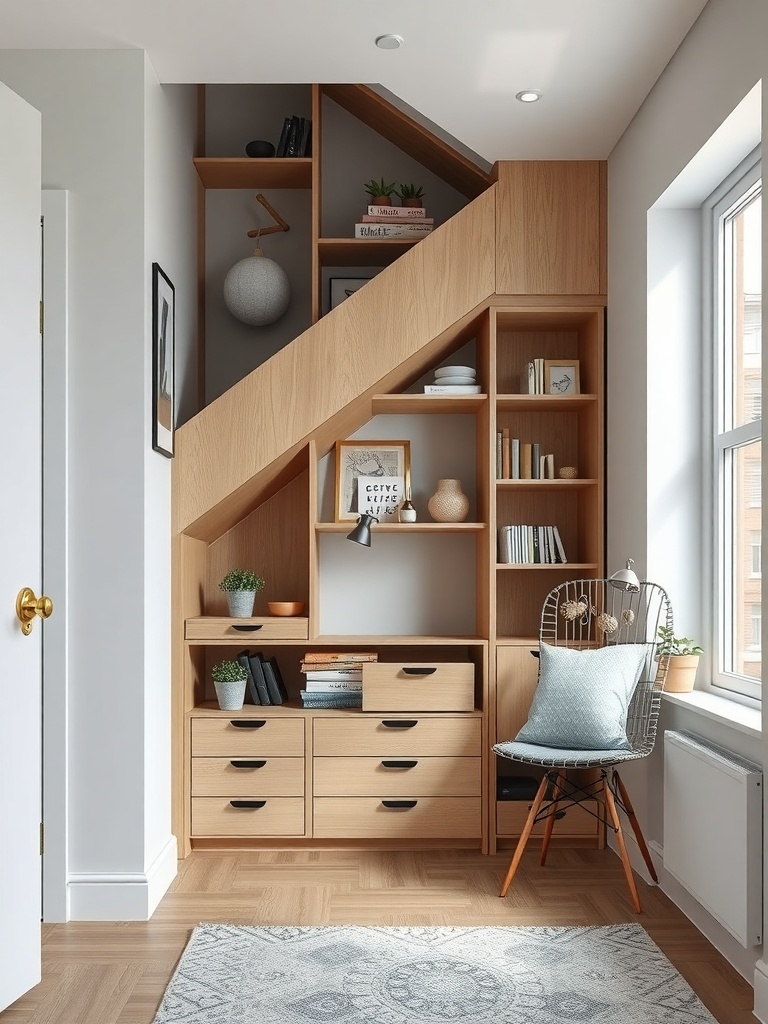 Stylish under-stair storage with shelves and drawers.