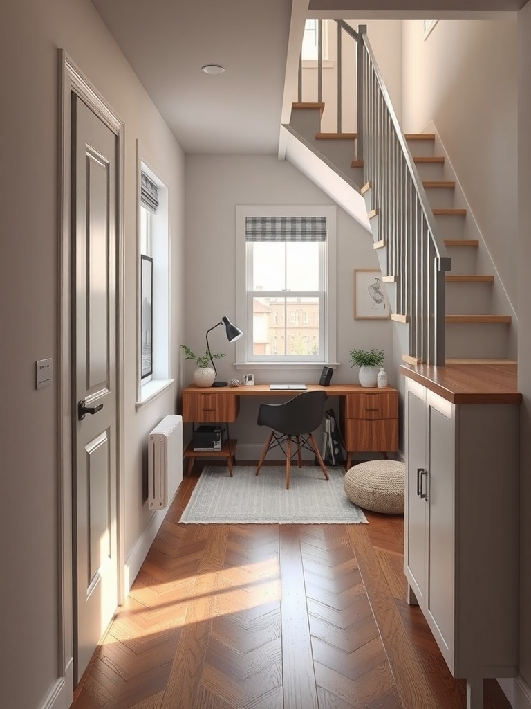 A compact office nook under the stairs with a desk, chair, and decor.