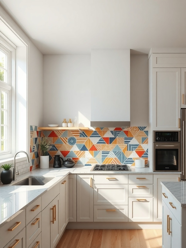 A modern kitchen featuring a colorful geometric tile backsplash with orange, blue, and cream patterns.