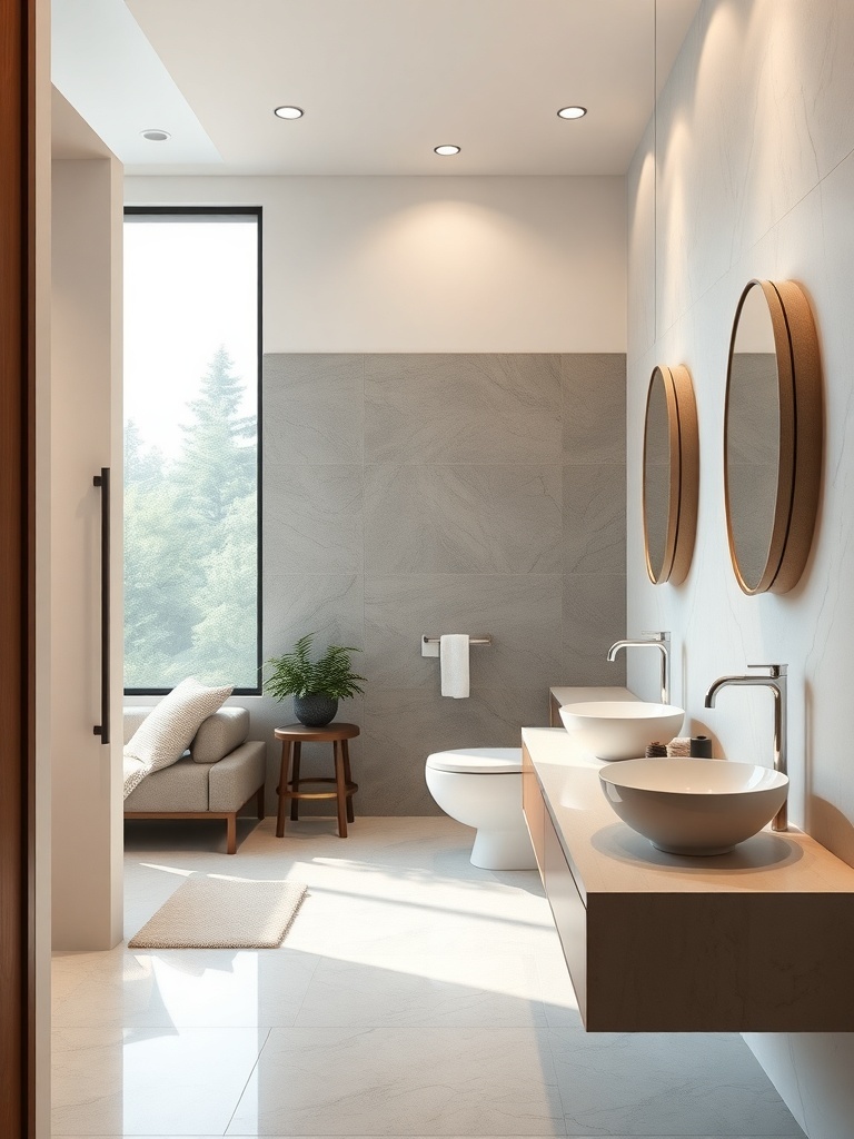 Modern bathroom featuring unique round basins on a floating vanity, large windows, and natural light.