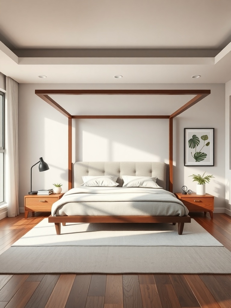 A modern bedroom featuring a unique wooden bed frame with a canopy design, complemented by bedside tables and simple bedding.