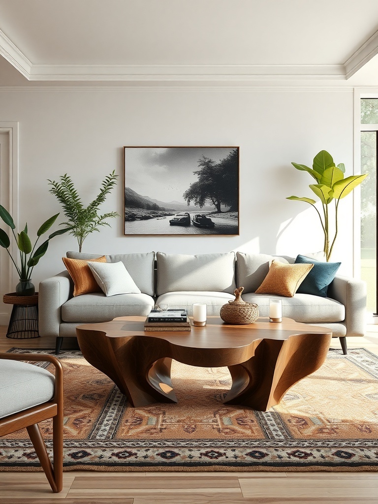 A stylish boho living room with a unique wooden coffee table, a cozy sofa, and decorative plants.
