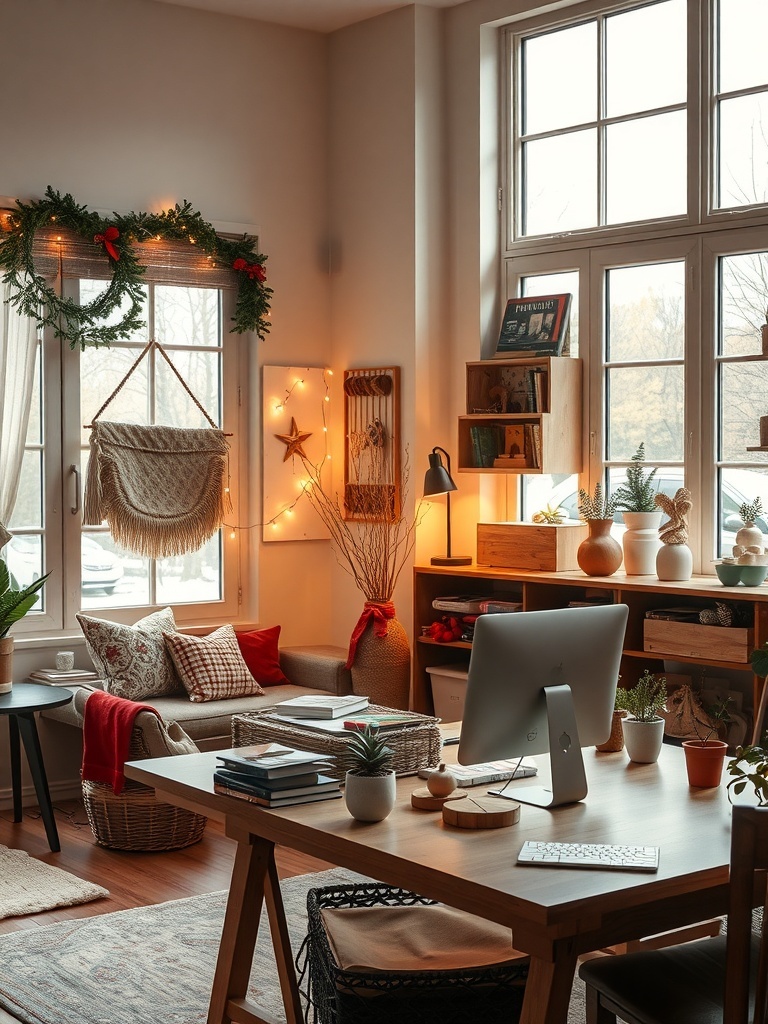 A cozy and stylish home office with natural decor elements and warm lighting.