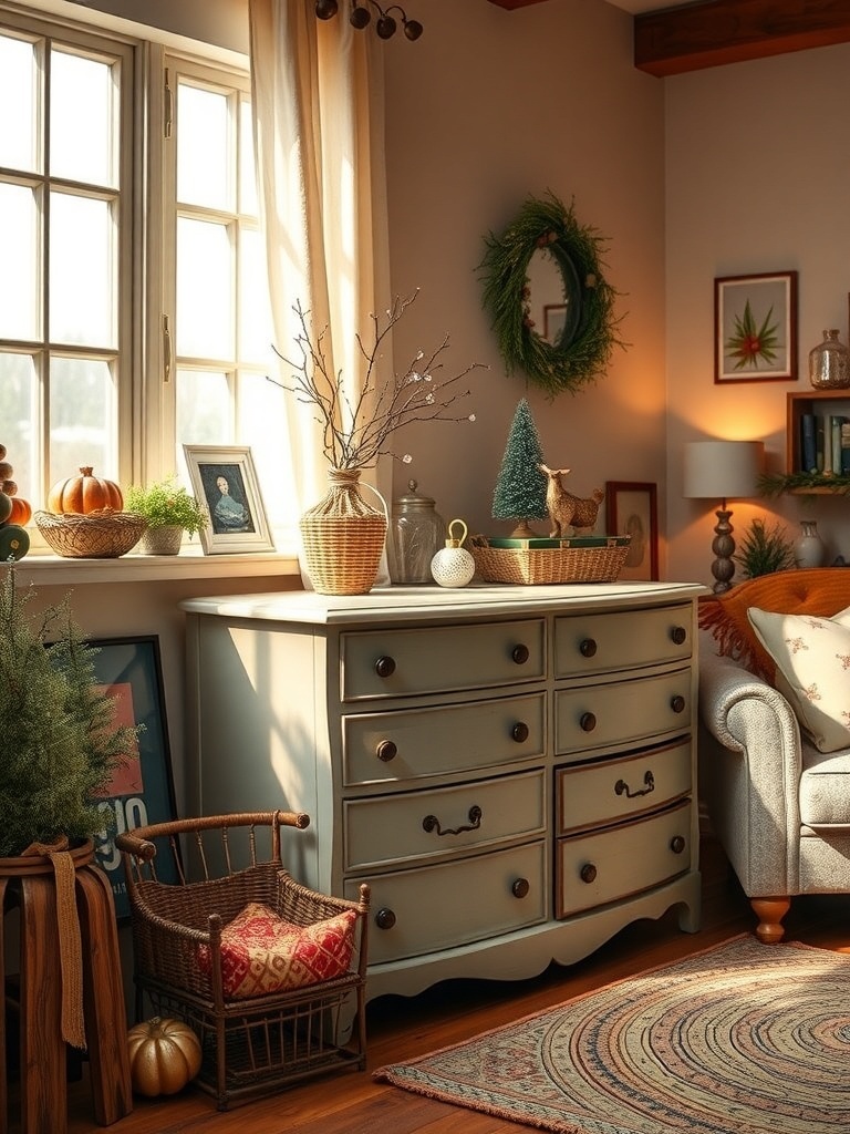 A cozy living room featuring upcycled furniture with a dresser, plants, and decorative items.