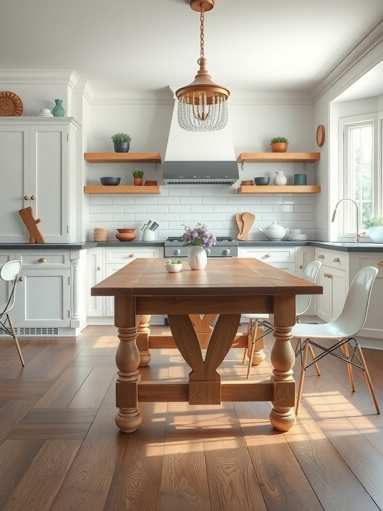 A bright kitchen featuring a wooden table, white cabinets, and open shelves with decorative items.