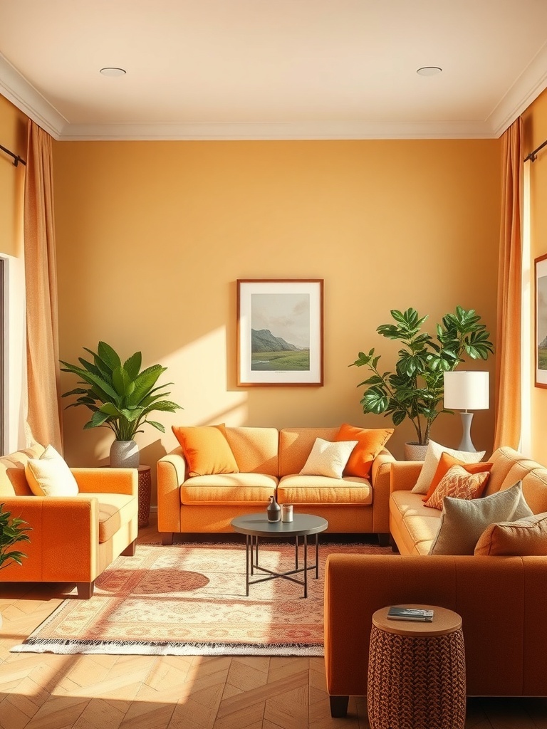 A cozy living room with orange furniture, warm walls, and plants, creating a welcoming atmosphere.