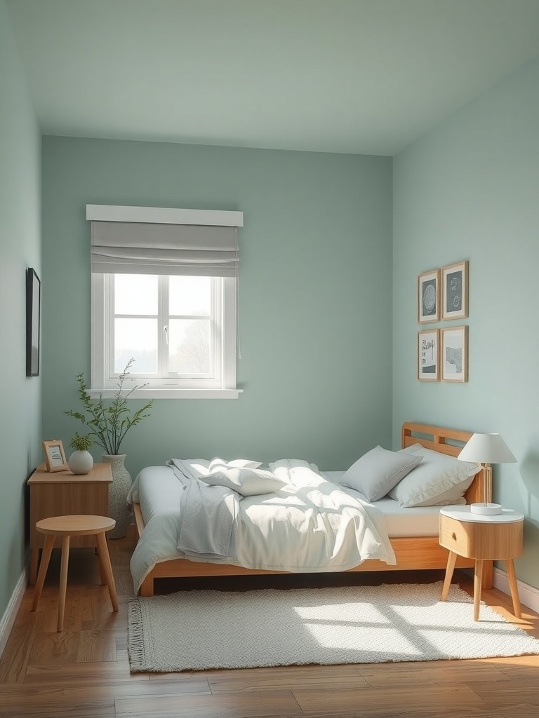 A small bedroom with soft green walls, light wood furniture, and natural light coming through the window.