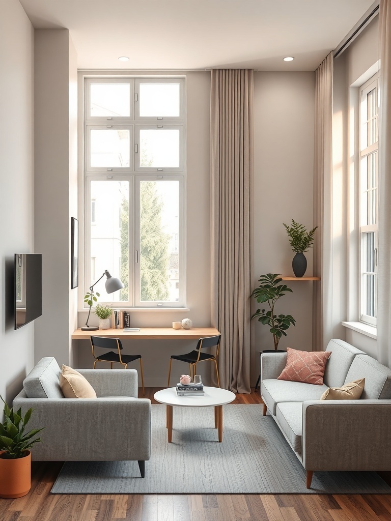A stylish studio apartment with a cozy living area and a workspace, showcasing the use of color to create zones.