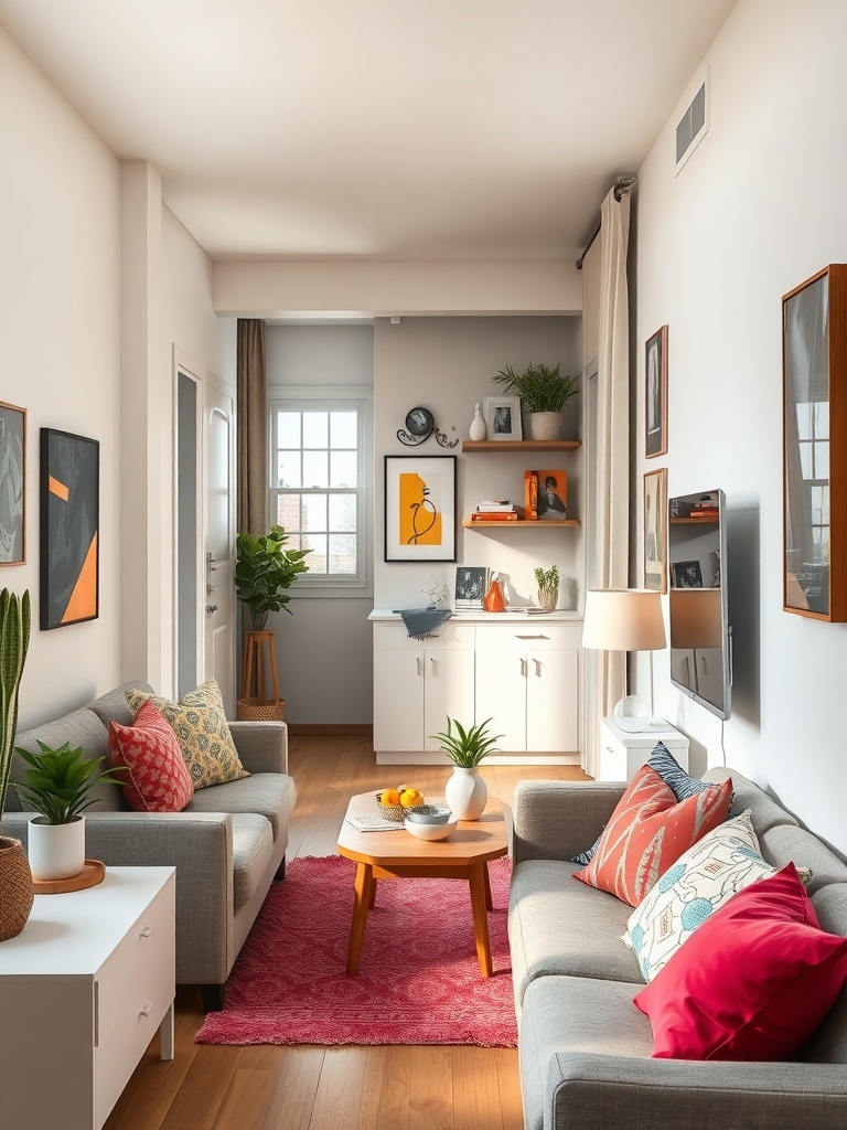 Cozy narrow apartment living room with colorful accents and decor.