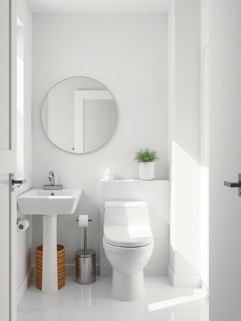A small bathroom with a compact toilet, pedestal sink, round mirror, and a small plant.