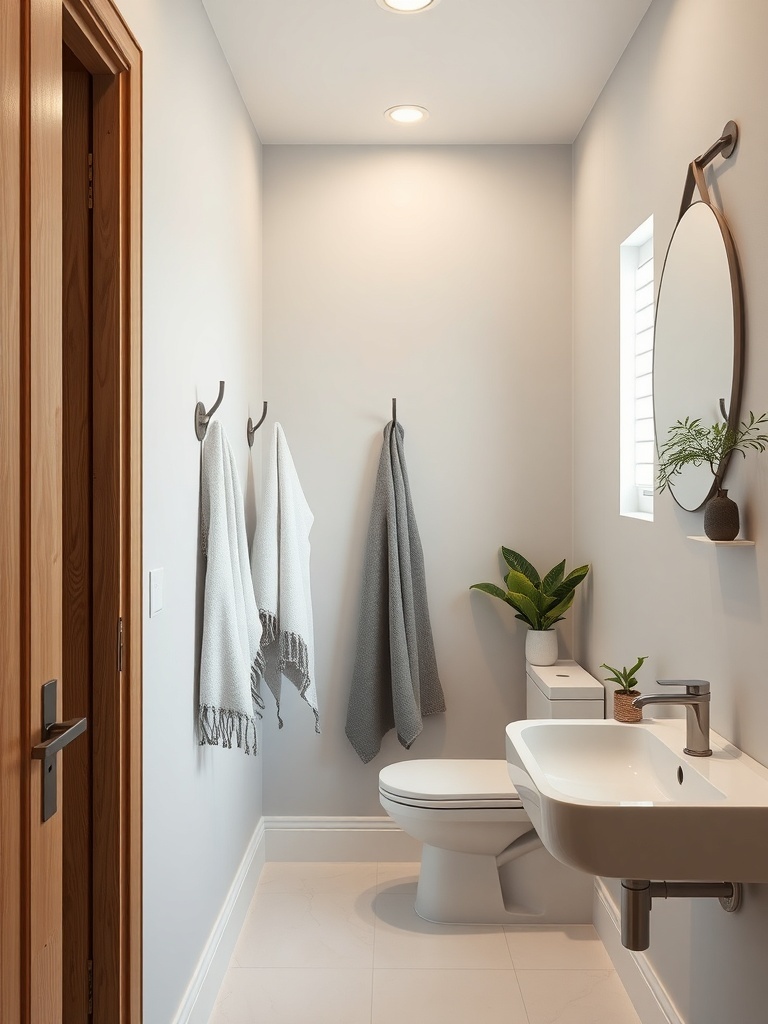A small bathroom featuring hooks for towels and accessories, with a modern design and a plant.