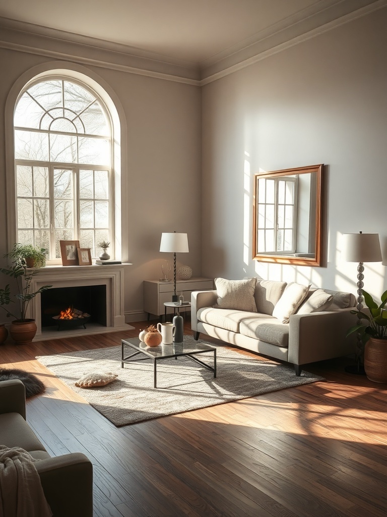A cozy living room featuring a large mirror, a comfortable sofa, and warm lighting.