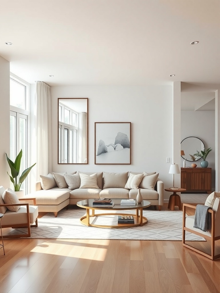 A bright living room featuring a large mirror, natural light, and modern furniture.