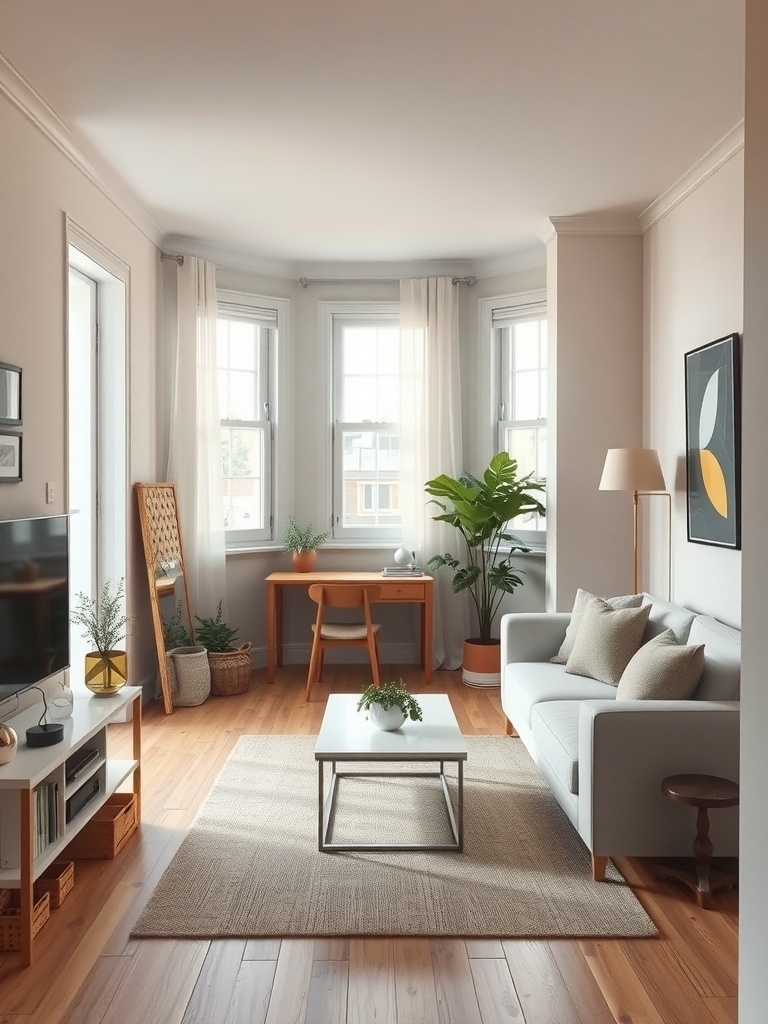 A bright studio apartment with a cozy seating area, desk, and plants, showcasing the use of natural light and space.