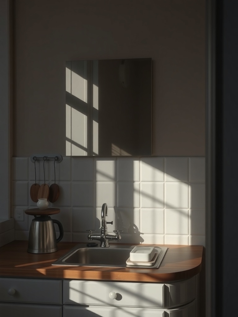 A small kitchen with a mirror above the sink reflecting light and creating a spacious feel.