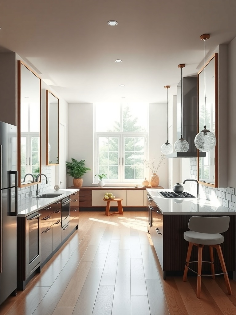 A modern kitchen featuring large mirrors, bright lighting, and a clean design.