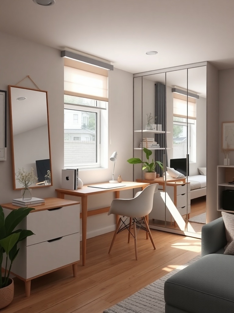 A compact home office featuring a desk, chair, and mirrors to enhance the space.