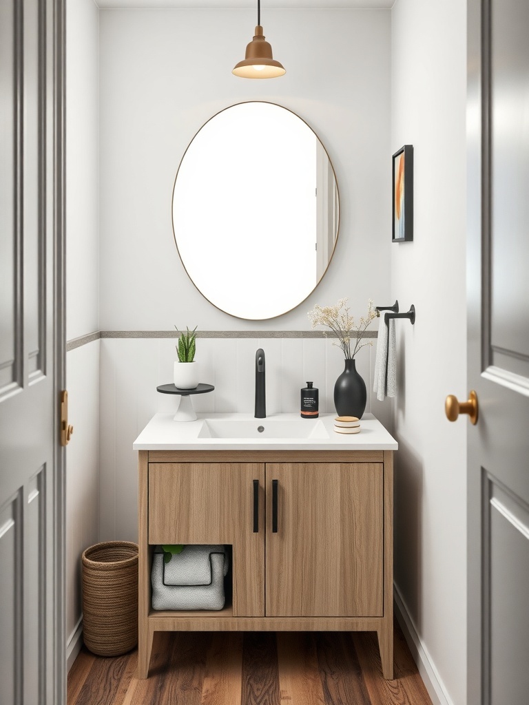 A small bathroom featuring a wooden vanity with storage, a round mirror, and a stylish sink.