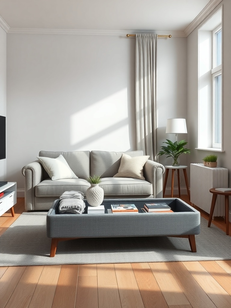 A cozy living room featuring a gray ottoman used for storage, a light gray sofa, and a warm wooden floor.