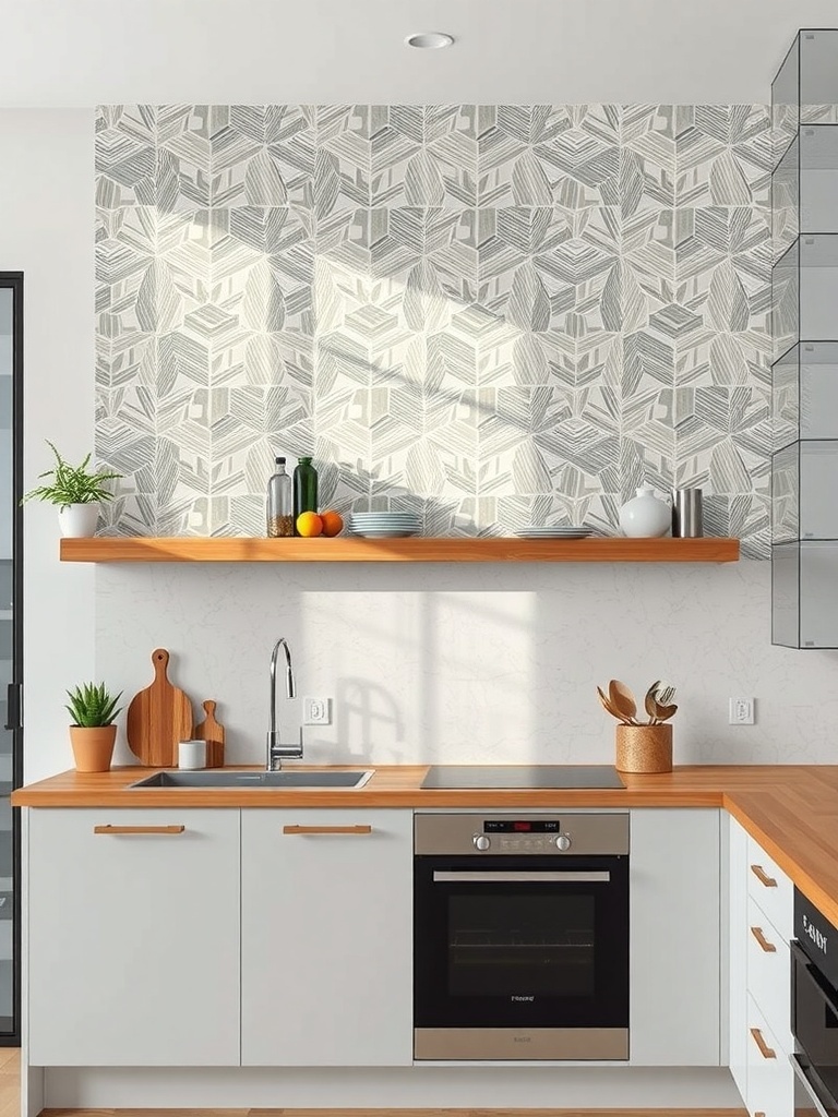 A modern kitchen featuring peel-and-stick wallpaper with a leaf pattern, wooden shelves, and sleek appliances.