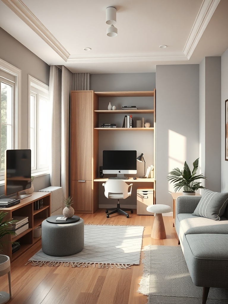A compact home office with a desk, chair, and room divider for privacy.