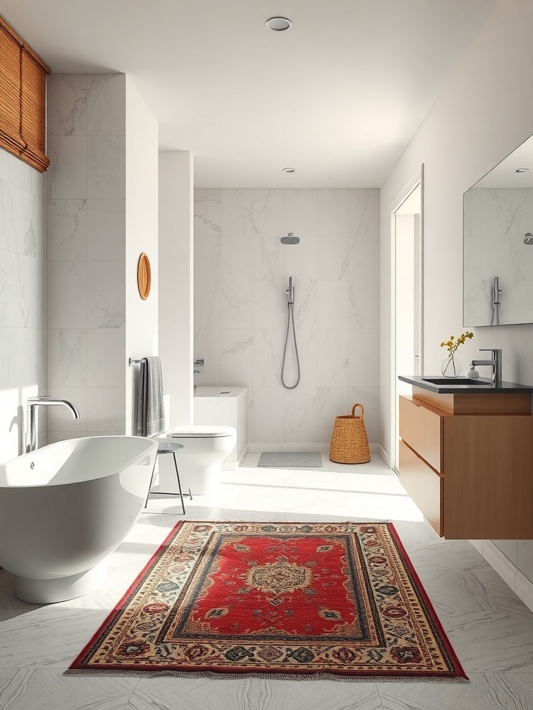 A small bathroom featuring a red patterned rug, a bathtub, and modern fixtures.
