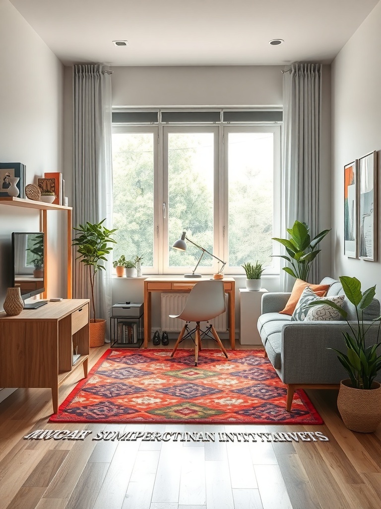 A cozy home office with a colorful rug, desk, and plants.