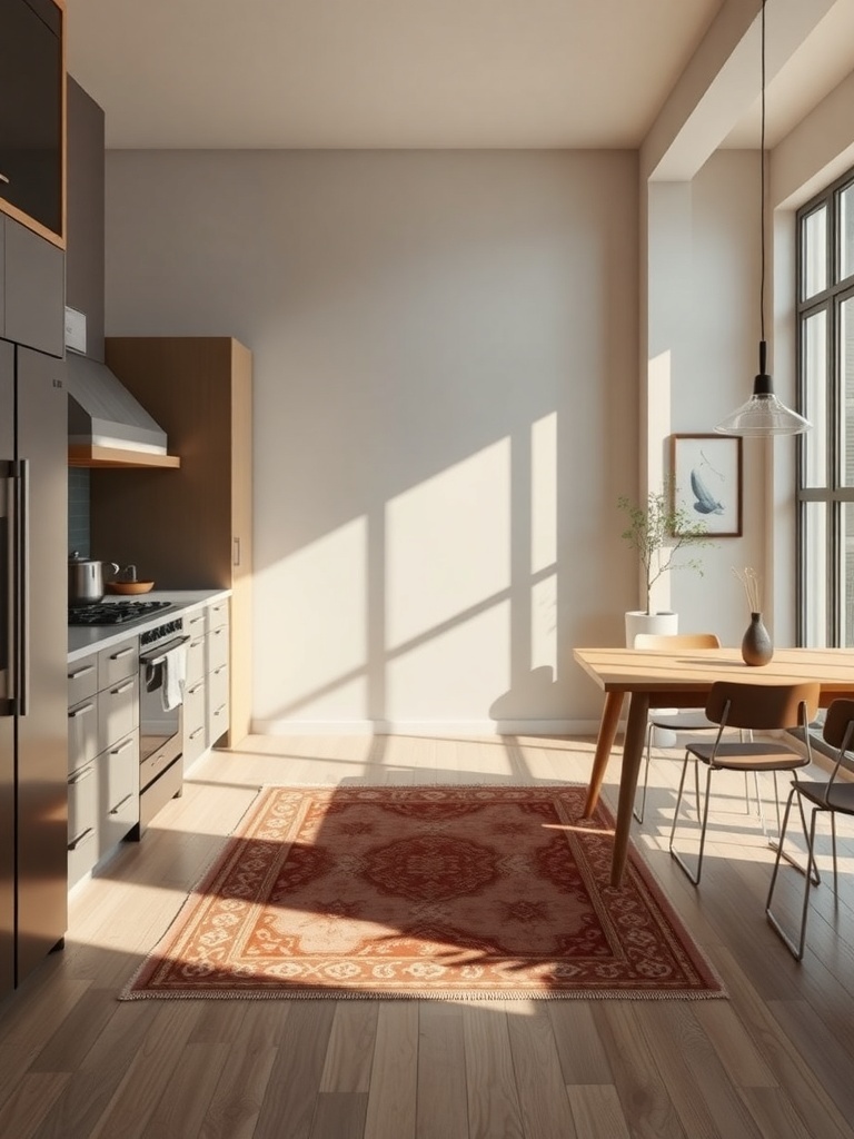 A modern kitchen with a rug under a dining table, showcasing a cozy atmosphere.