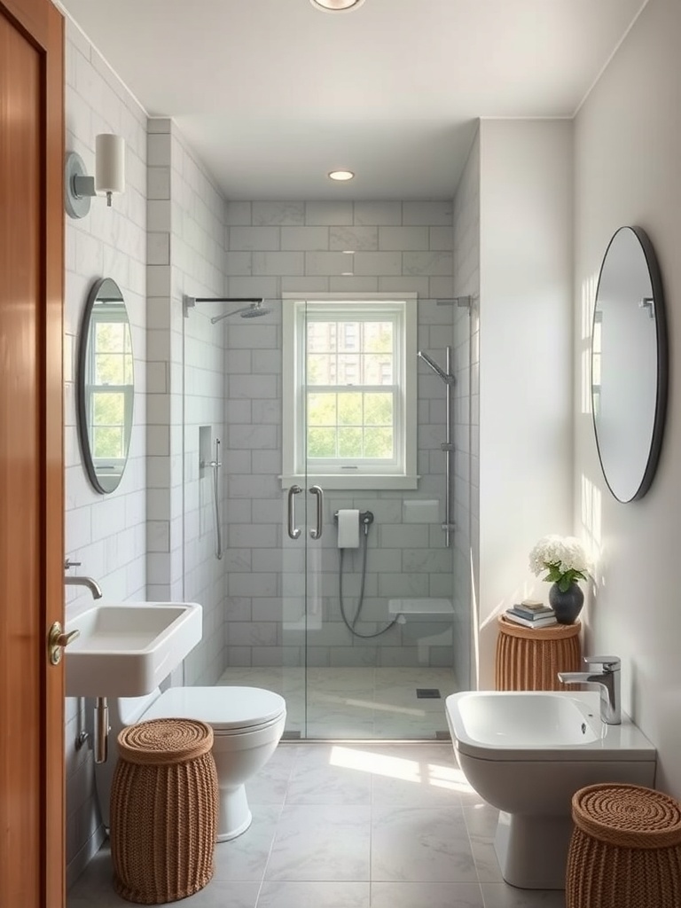 Modern small bathroom featuring a glass sliding door, minimalist design, and natural light.