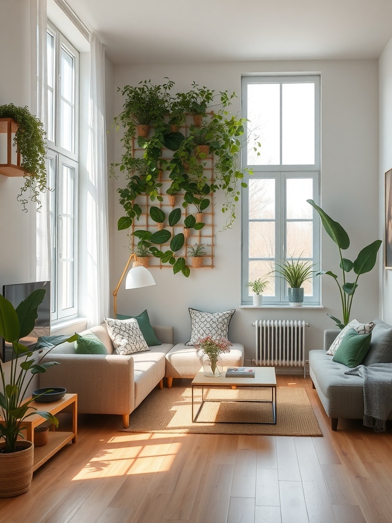 A cozy living room featuring a vertical garden with various plants on the wall, complemented by comfortable seating and natural light.