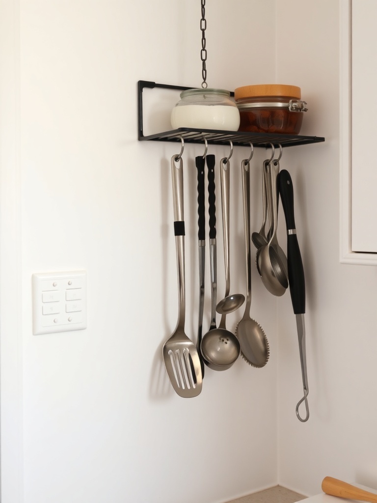 A wall-mounted rack displaying various kitchen utensils and jars.