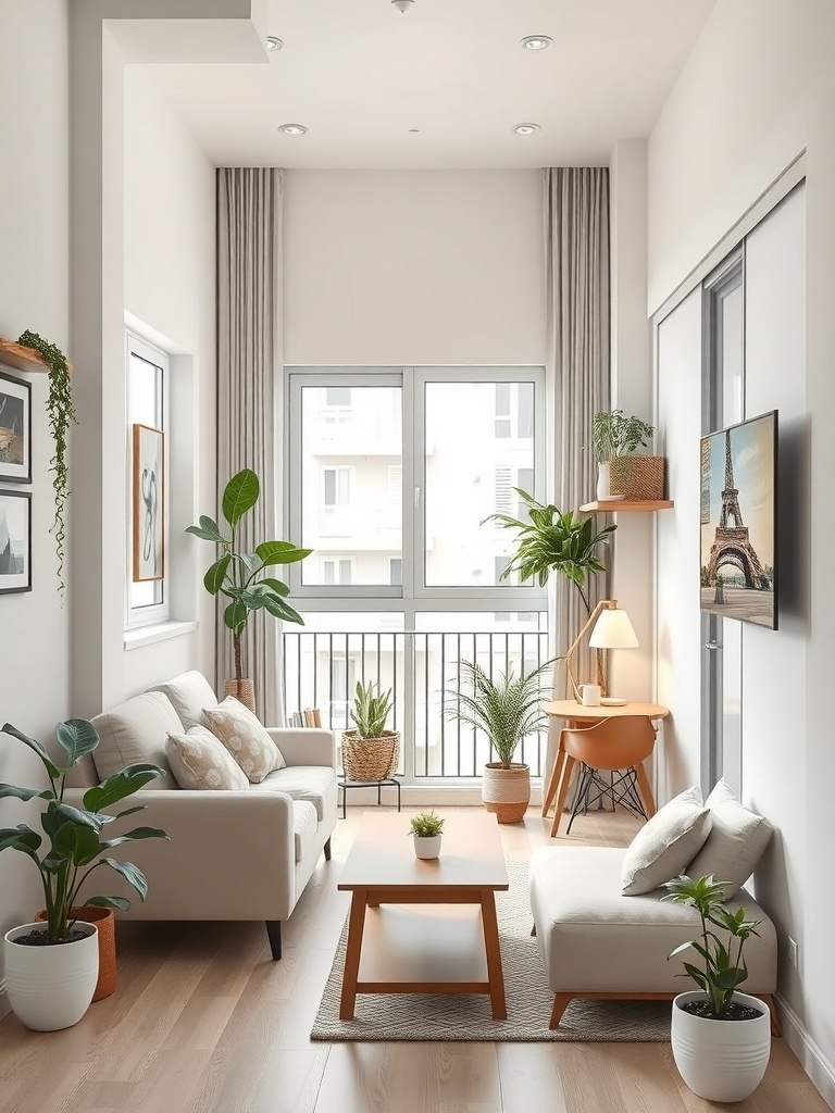 Cozy balcony space with plants and seating in a studio apartment.