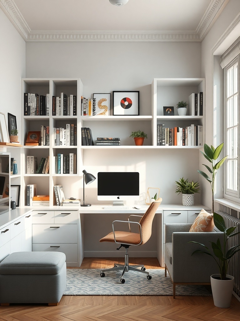 A compact home office featuring built-in shelves filled with books and decorative items.